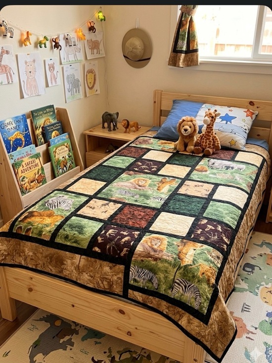 None Other - Safari Patchwork Quilted Throw - Green, Tan, Brown